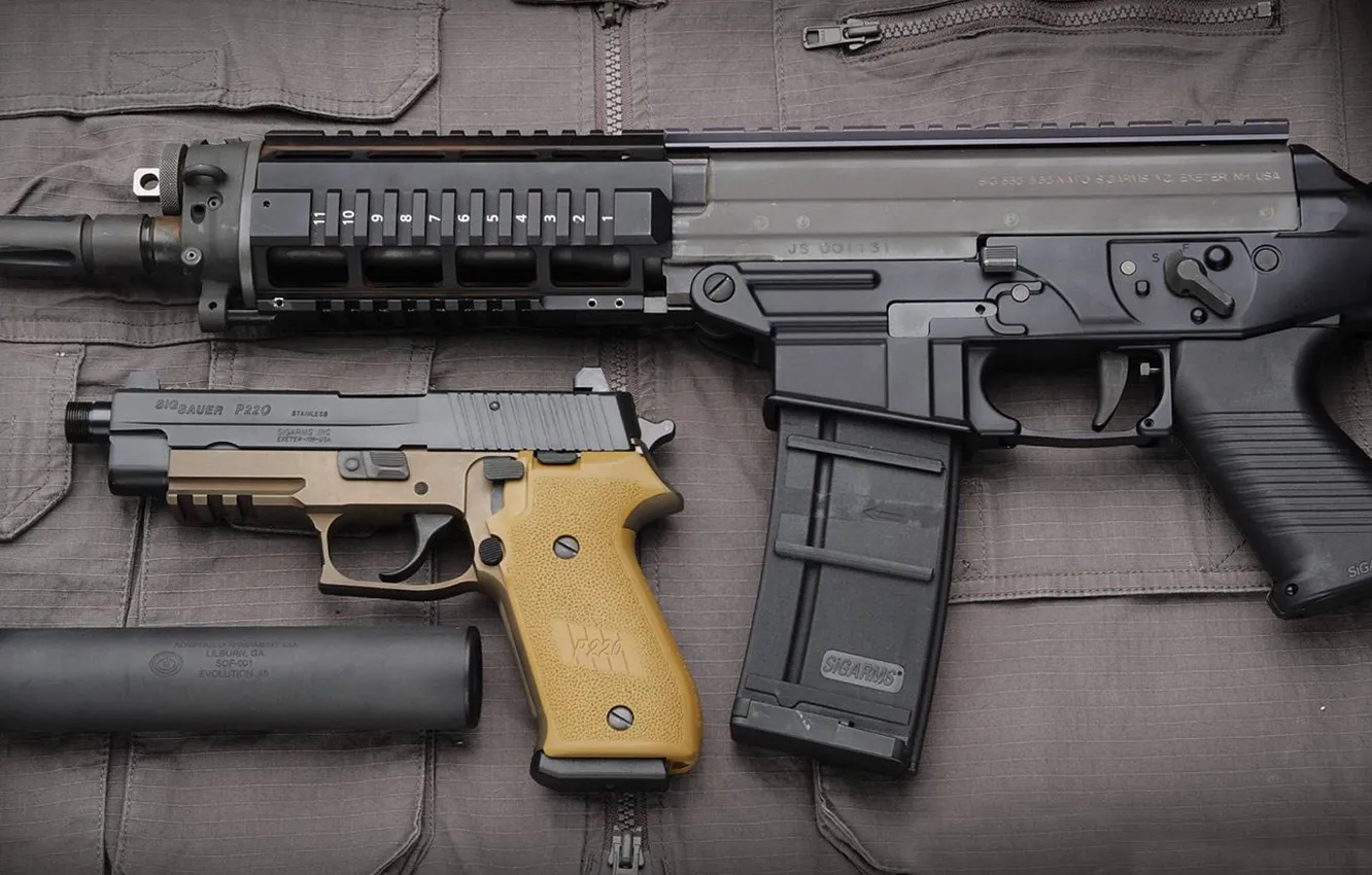 Фото обои пистолет, оружие, глушитель, штурмовая винтовка, P220, SIG Sauer