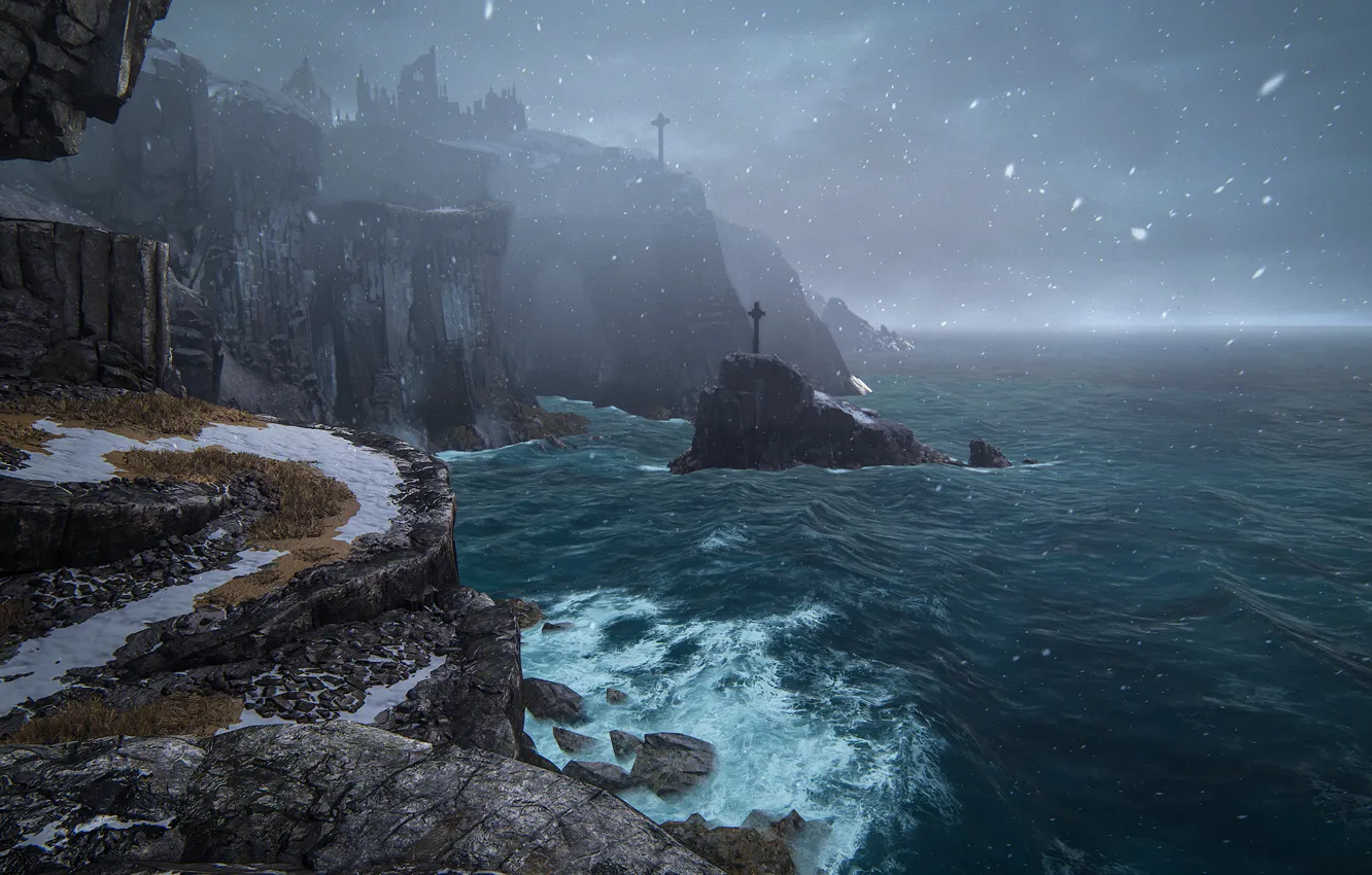 Фото обои снег, пейзаж, природа, скалы, побережье, кресты, Uncharted: The Lost Legacy