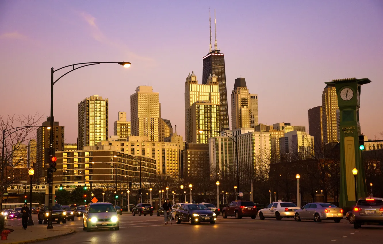 Фото обои машины, город, небоскребы, утро, USA, Chicago, illinois