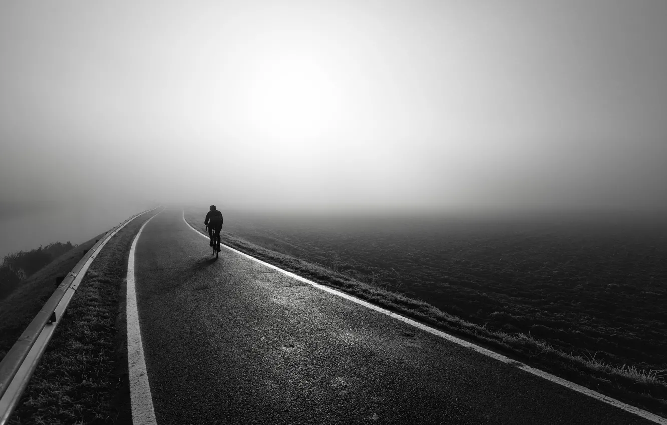 Фото обои дорога, туман, велосипедист