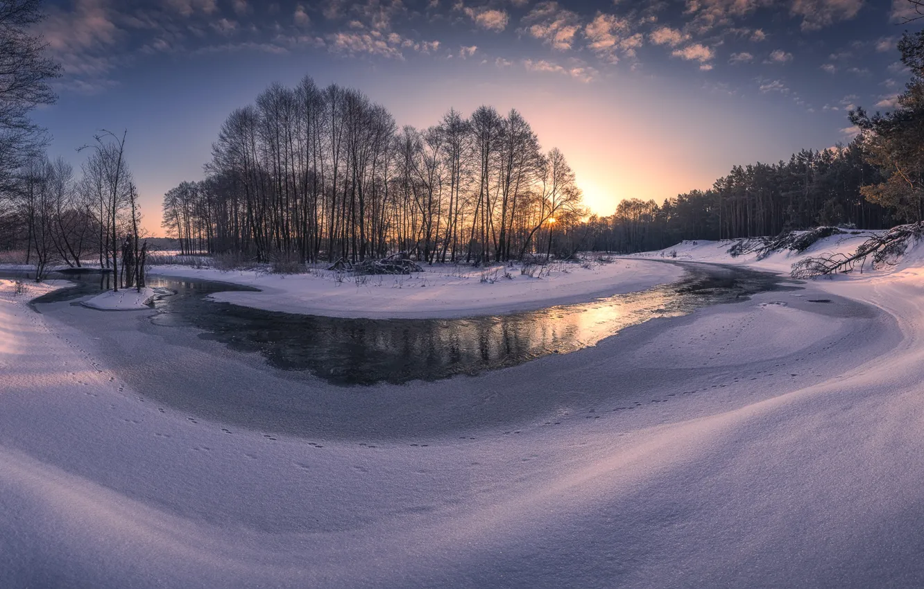 Фото обои зима, снег, деревья, закат, река, Польша, Poland, Grabia River