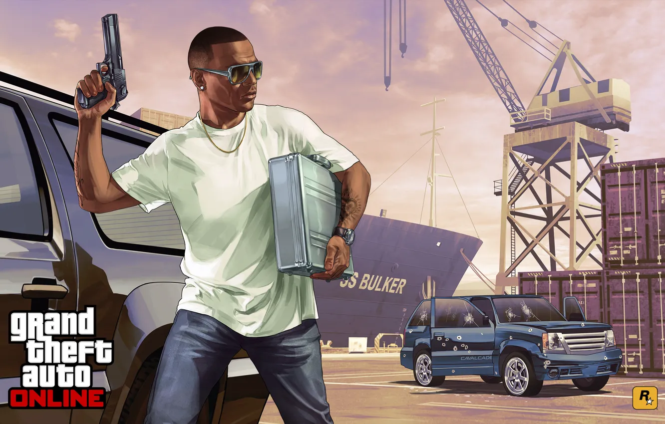 Фото обои машина, мужик, порт, Grand Theft Auto V, gta online