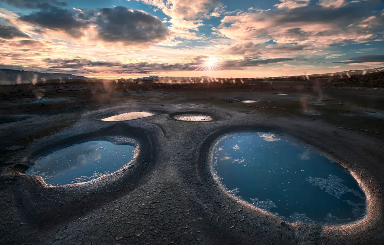Фото обои солнце, Исландия, гейзеры