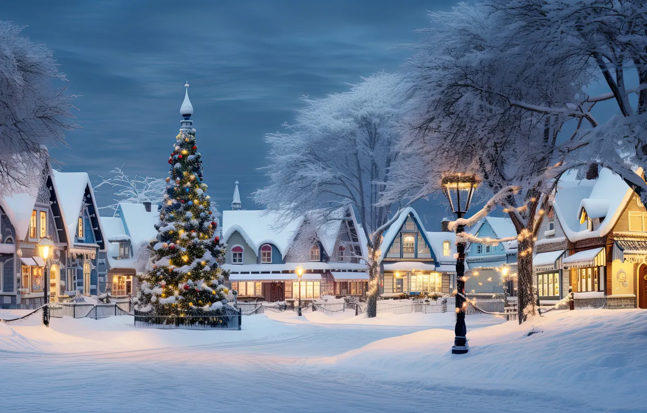 Фото обои зима, снег, украшения, ночь, город, lights, улица, елка