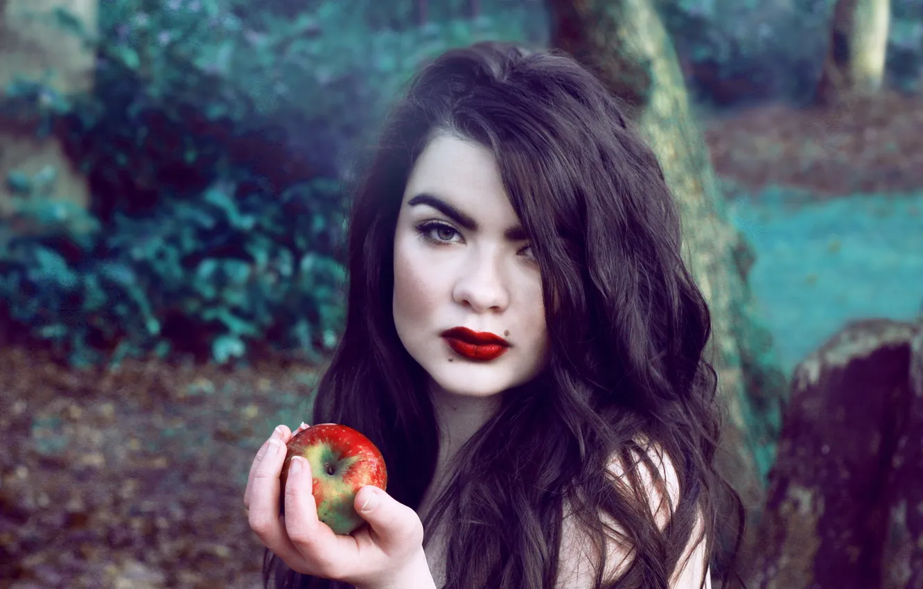 Фото обои взгляд, девушка, яблоко