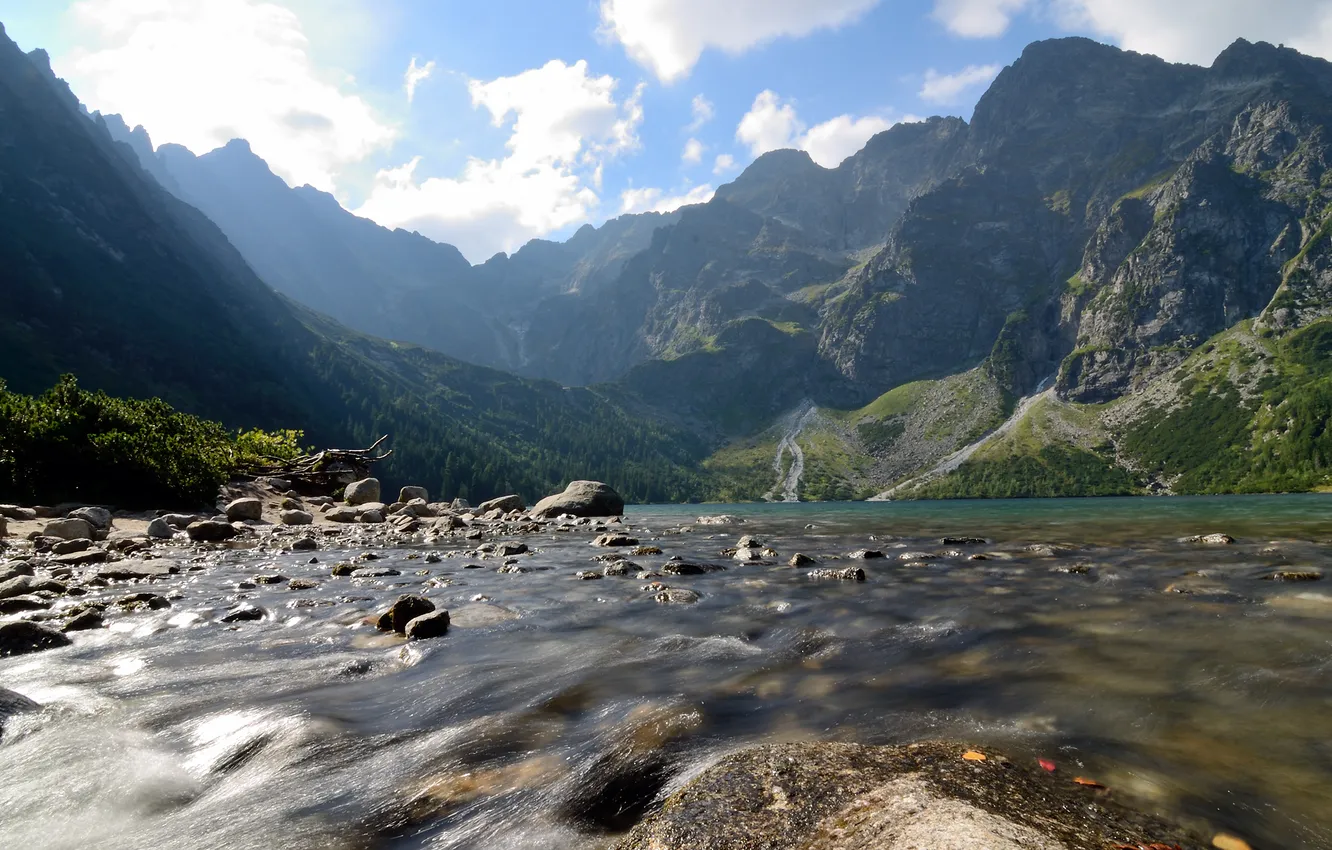 Фото обои горы, озеро, камни, Польша, Poland, Татры, Tatra Mountains, Marine Eye Lake