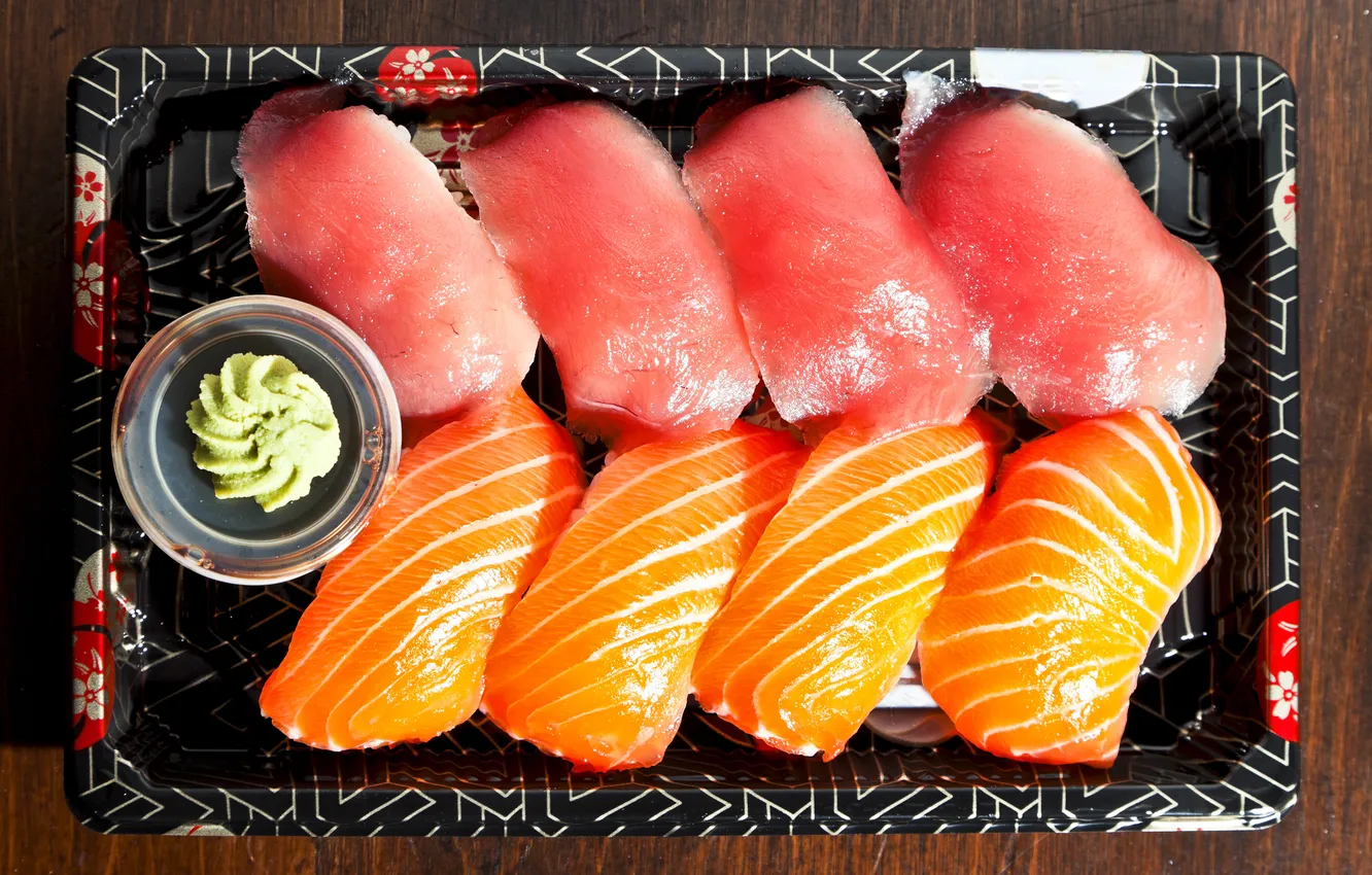Фото обои рыба, соус, поднос, суши, вассаби