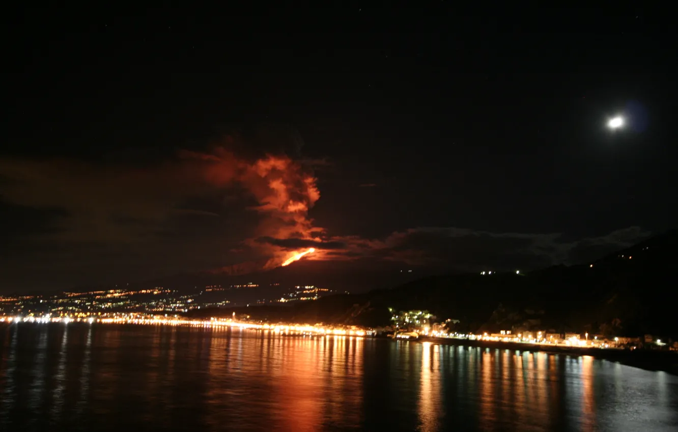 Фото обои Moon, Italy, Lights, Etna, Sicily, Lava, Volcano, Eruption