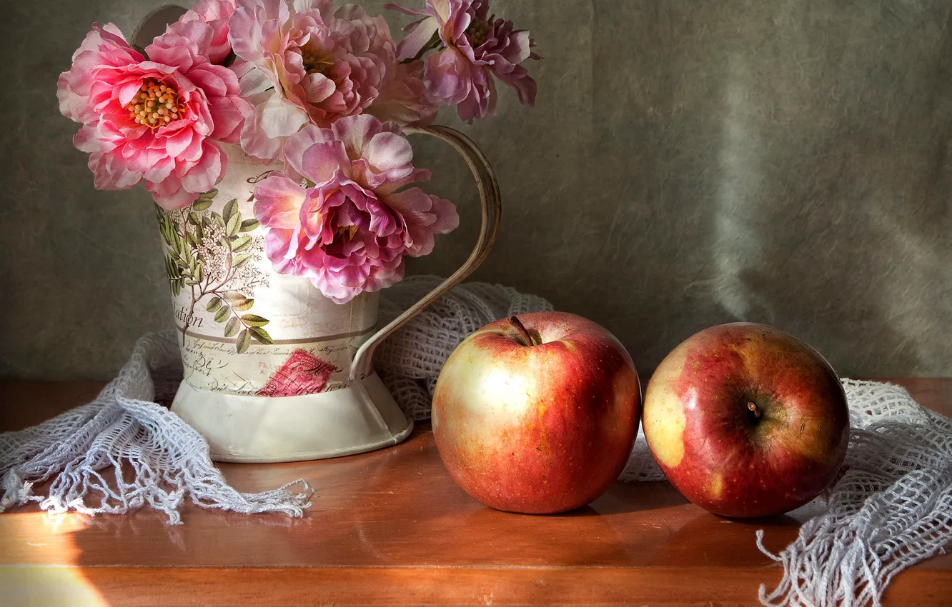 Фото обои цветы, яблоки, букет, натюрморт, два яблока
