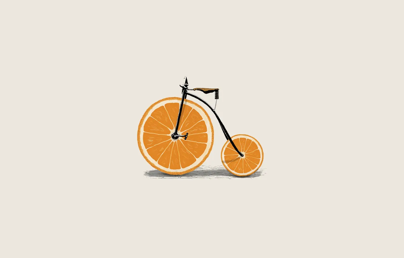 Фото обои велосипед, велик, апельсин, минимализм, вектор, колеса, дольки, иллюстрация