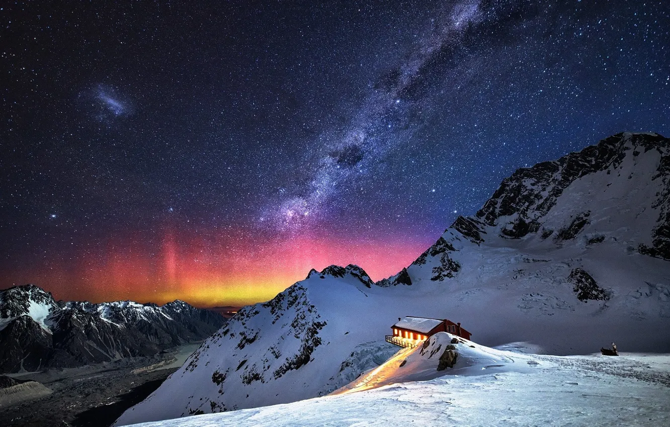 Фото обои landscape, nature, mountain, snow, stars, Milky Way