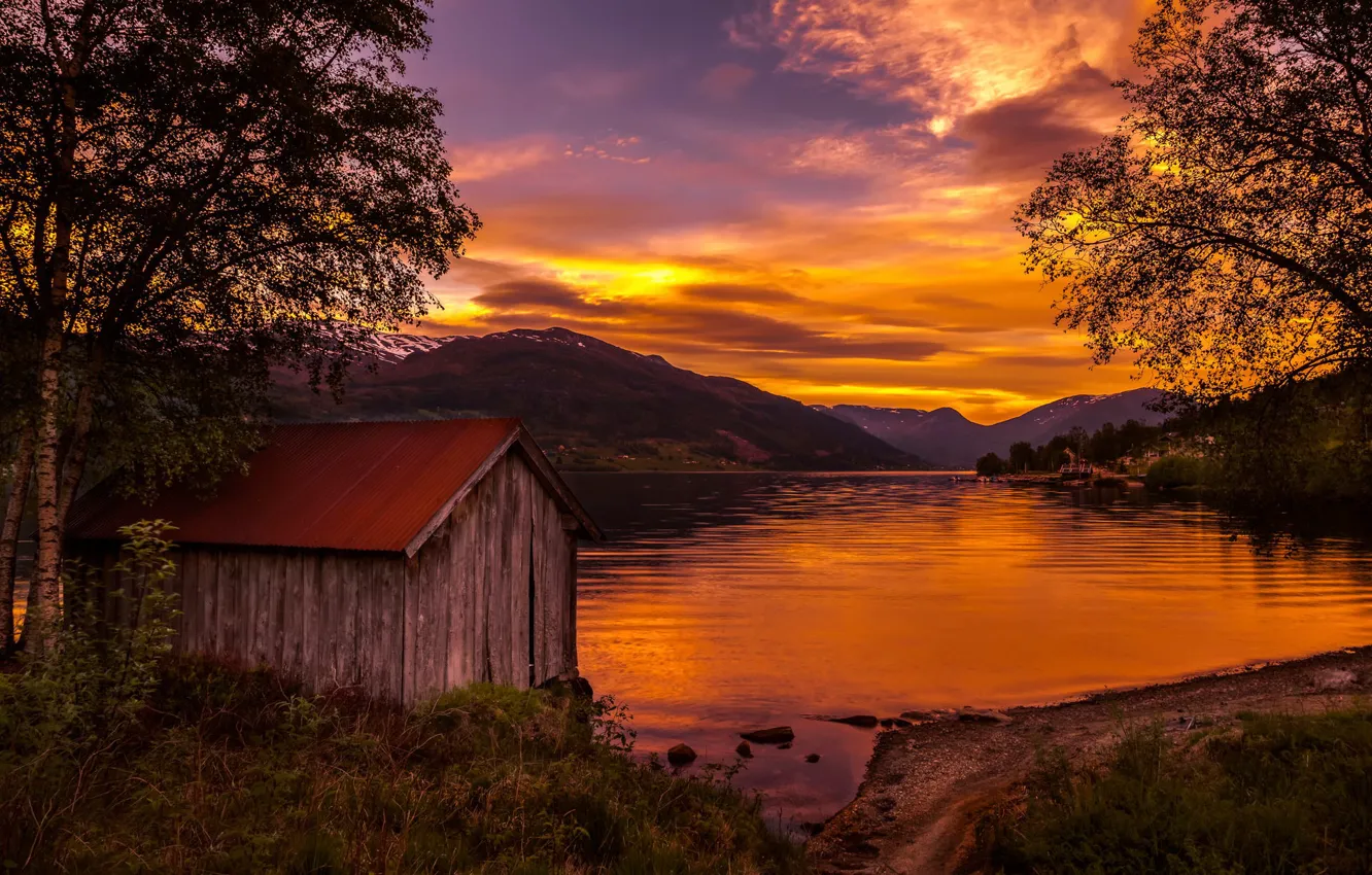 Фото обои закат, озеро, Норвегия