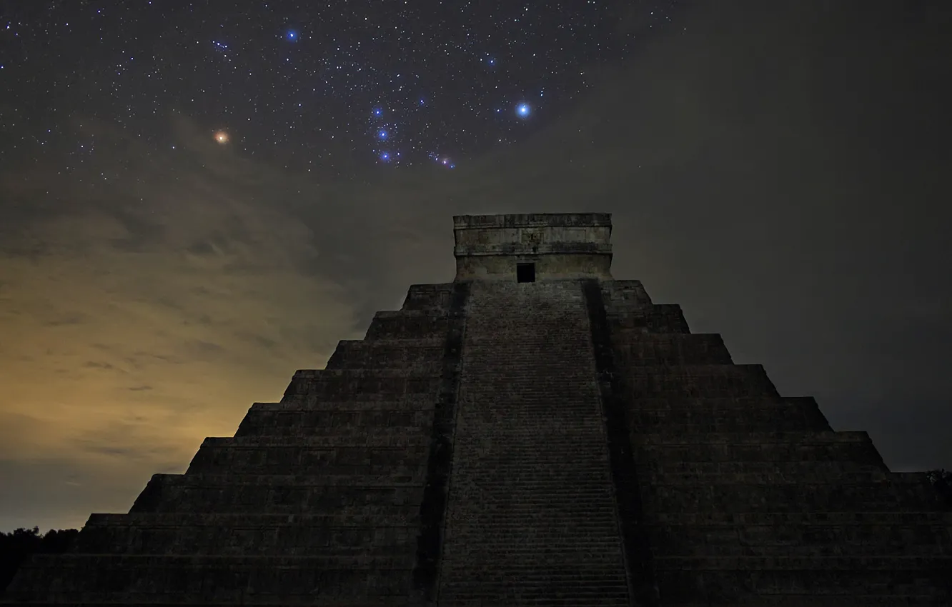 Фото обои звезды, пирамида, Орион, Chichén Itzá, El Castillo