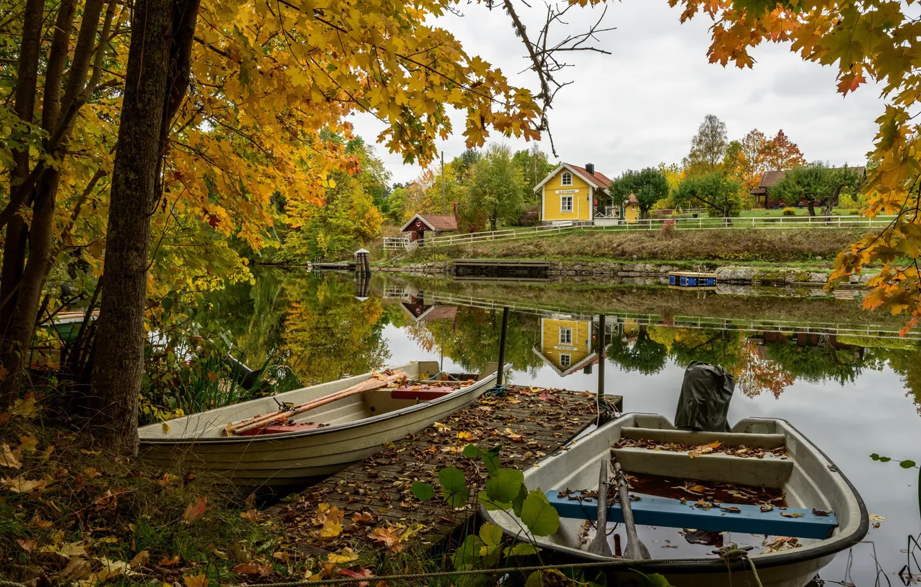 Фото обои осень, листва, лодки, канал, Швеция, Landeryd, Ostergotland
