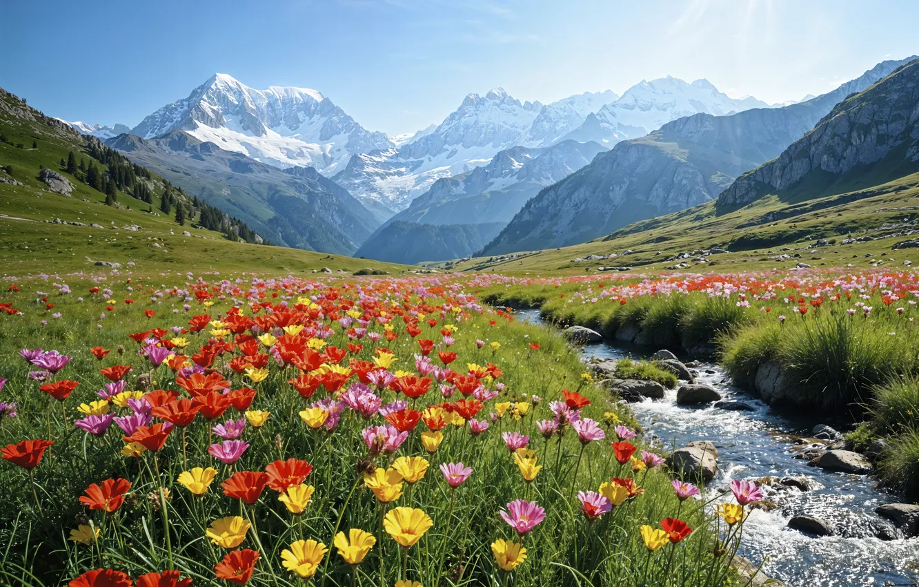 Фото обои цветы, горы, весна, colorful, луг, blossom, flowers, mountains