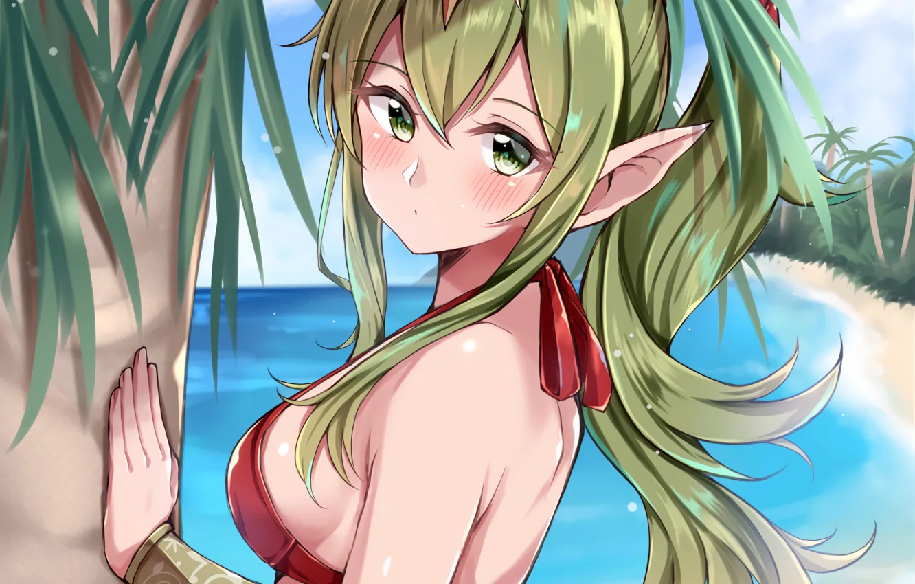 Фото обои girl, sexy, cleavage, beach, green eyes, long hair, sea, boobs
