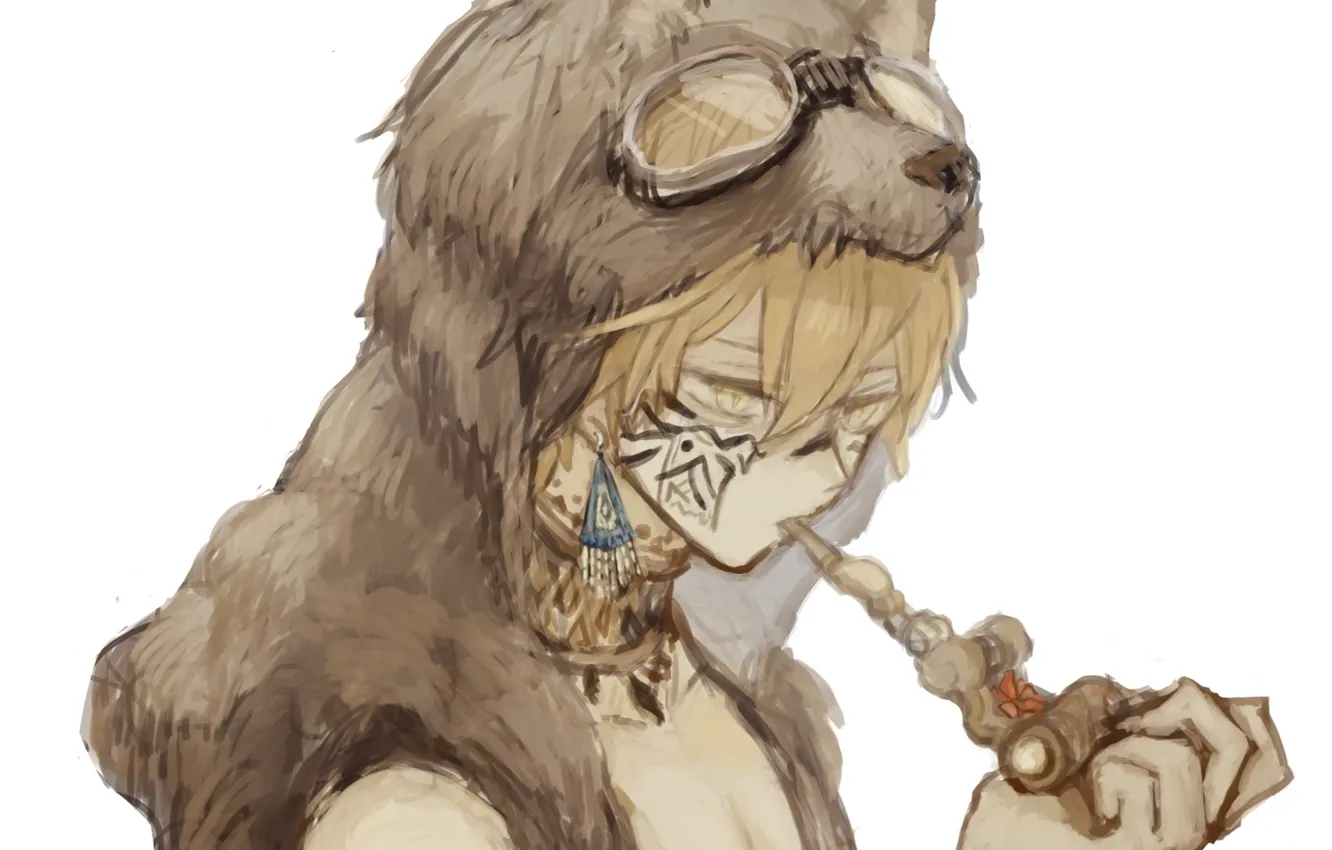 Фото обои волк, трубка, серьги, аниме, арт, очки, шкура, парень
