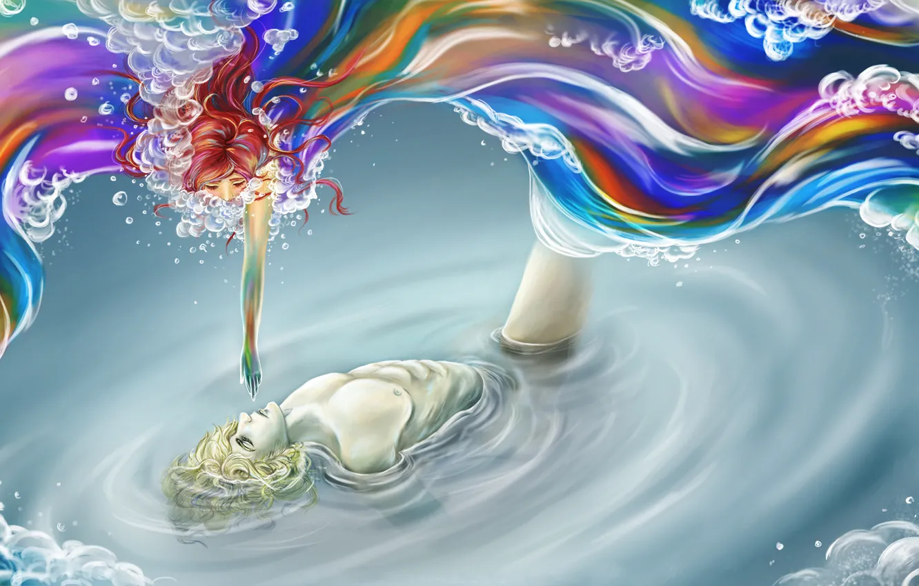 Фото обои вода, девушка, краски, рука, арт, парень