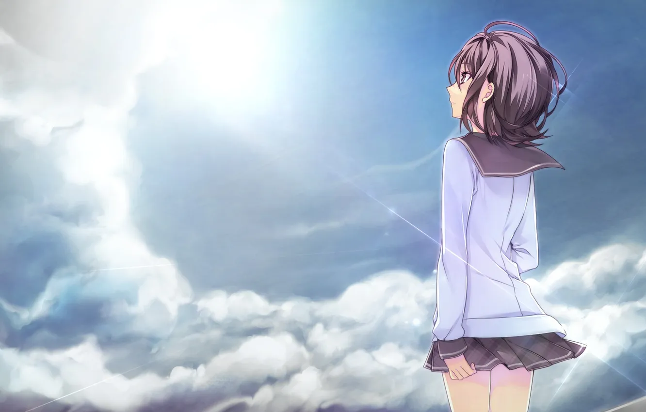 Фото обои небо, девушка, облака, свет, арт, форма, школьница, hajiro mina