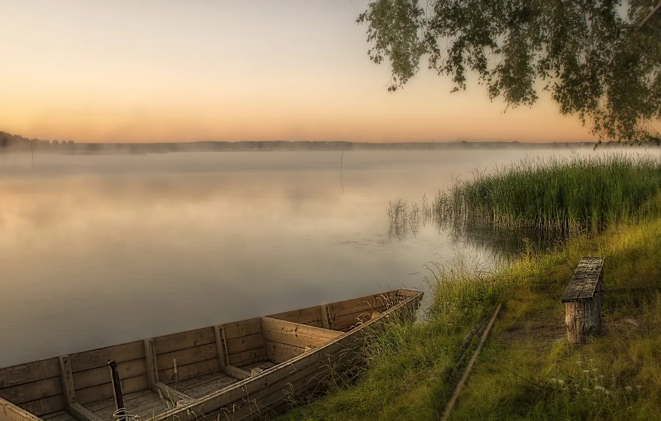 Фото обои пейзаж, закат, река, лодка