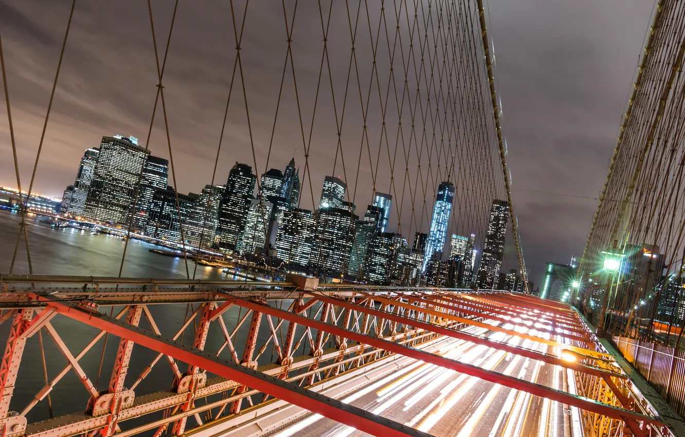 Фото обои ночь, мост, огни, Нью-Йорк, небоскребы, фонари, США, Brooklyn Bridge