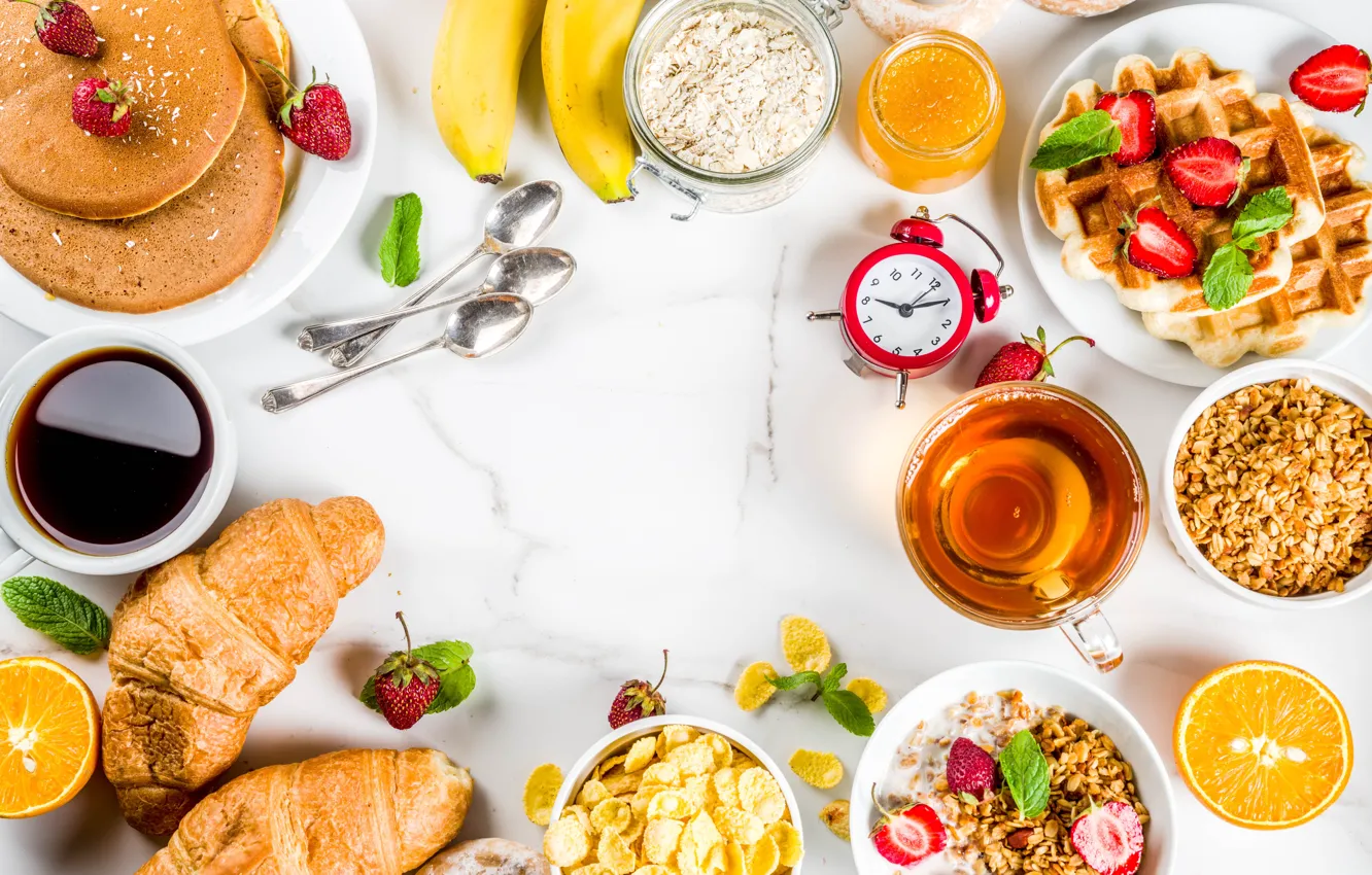 Фото обои ягоды, чай, апельсин, еда, завтрак, клубника, блины, вафли