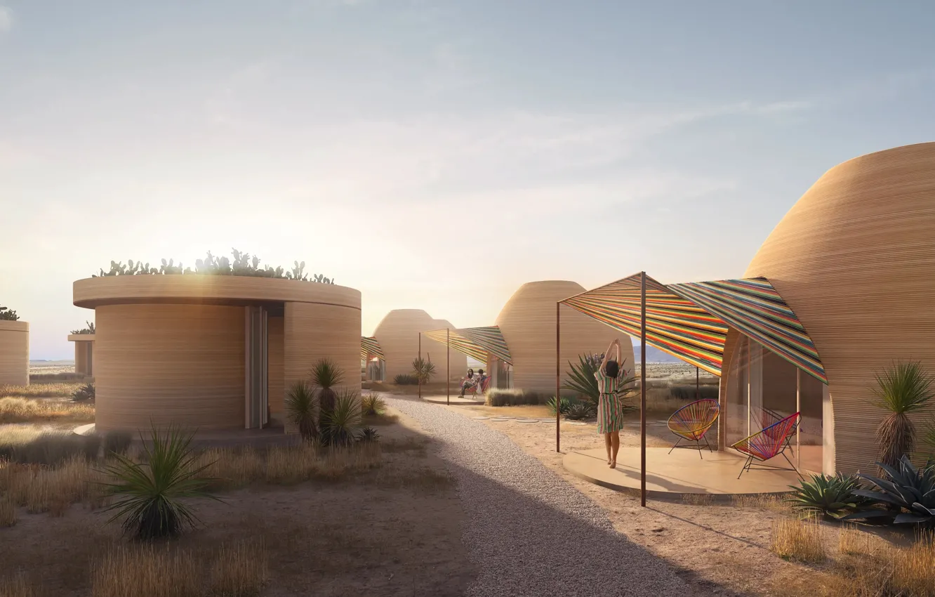 Фото обои Девушка, Люди, Texas, Техас, El Cosmico, Гостиница с 3D-принтом, 3D-printed hotel