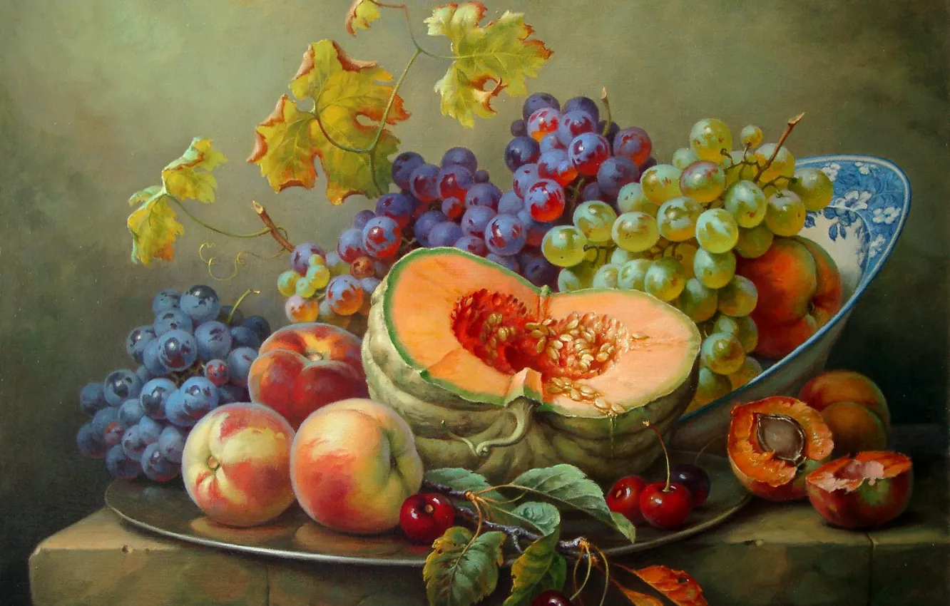 Фото обои вишня, виноград, тыква, натюрморт, живопись, персики, Gabor Toth