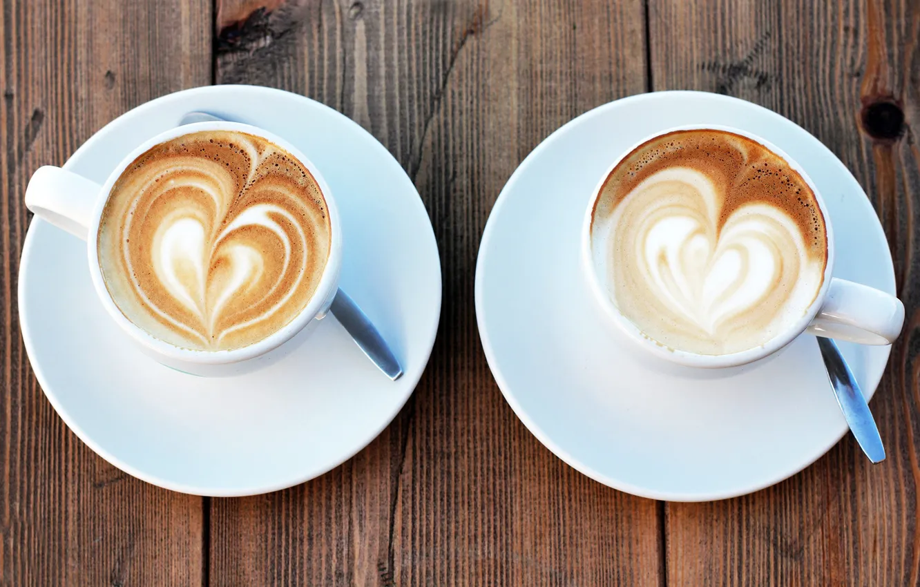 Фото обои пена, сердце, рисунок, кофе, чашки, капучино
