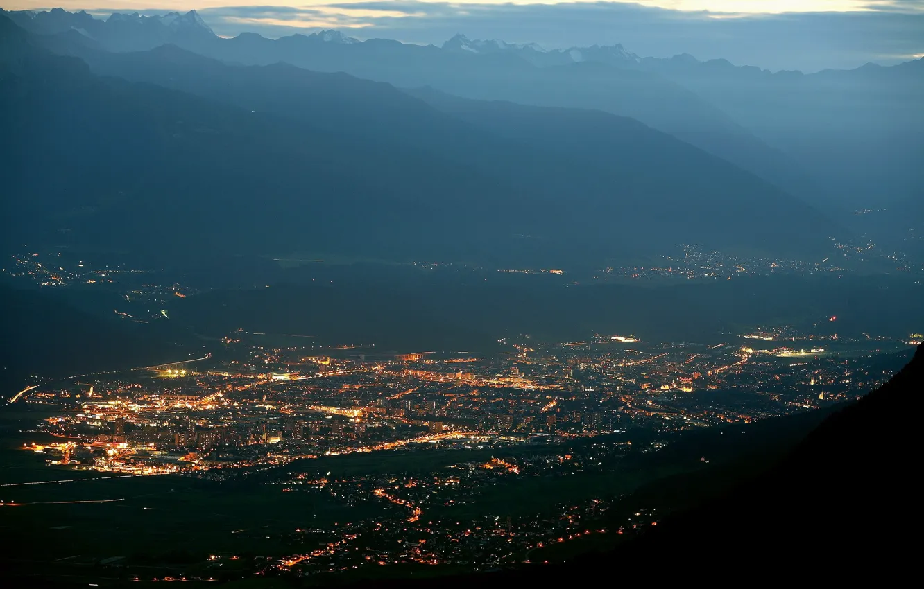 Фото обои горы, ночь, огни