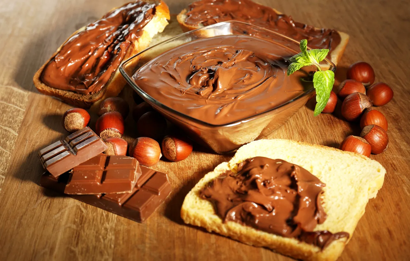 Фото обои шоколад, хлеб, орехи, бутерброд, сладкое, тосты, паста