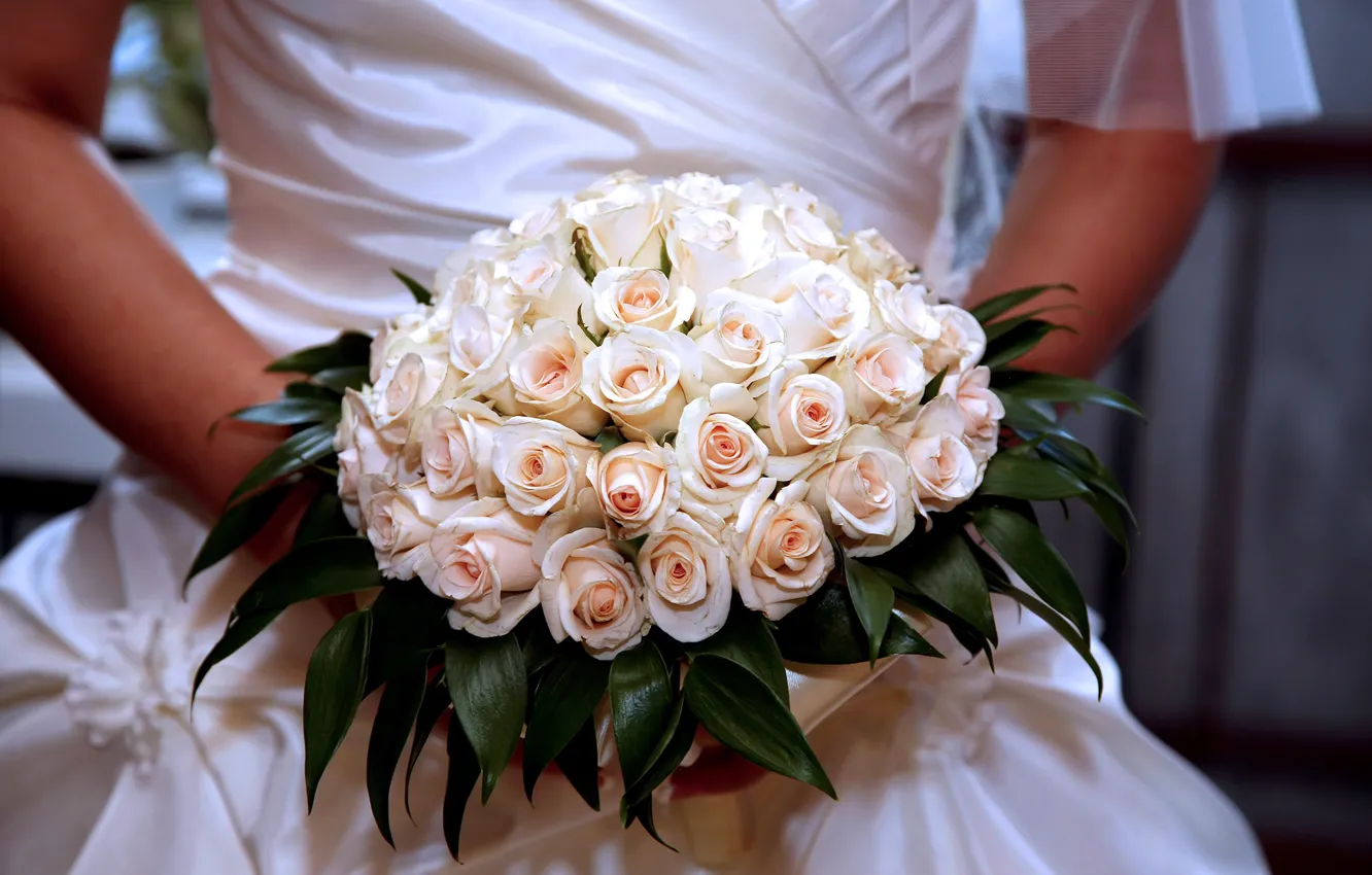 Фото обои девушка, розы, букет, невеста, свадьба, bouquet, wedding