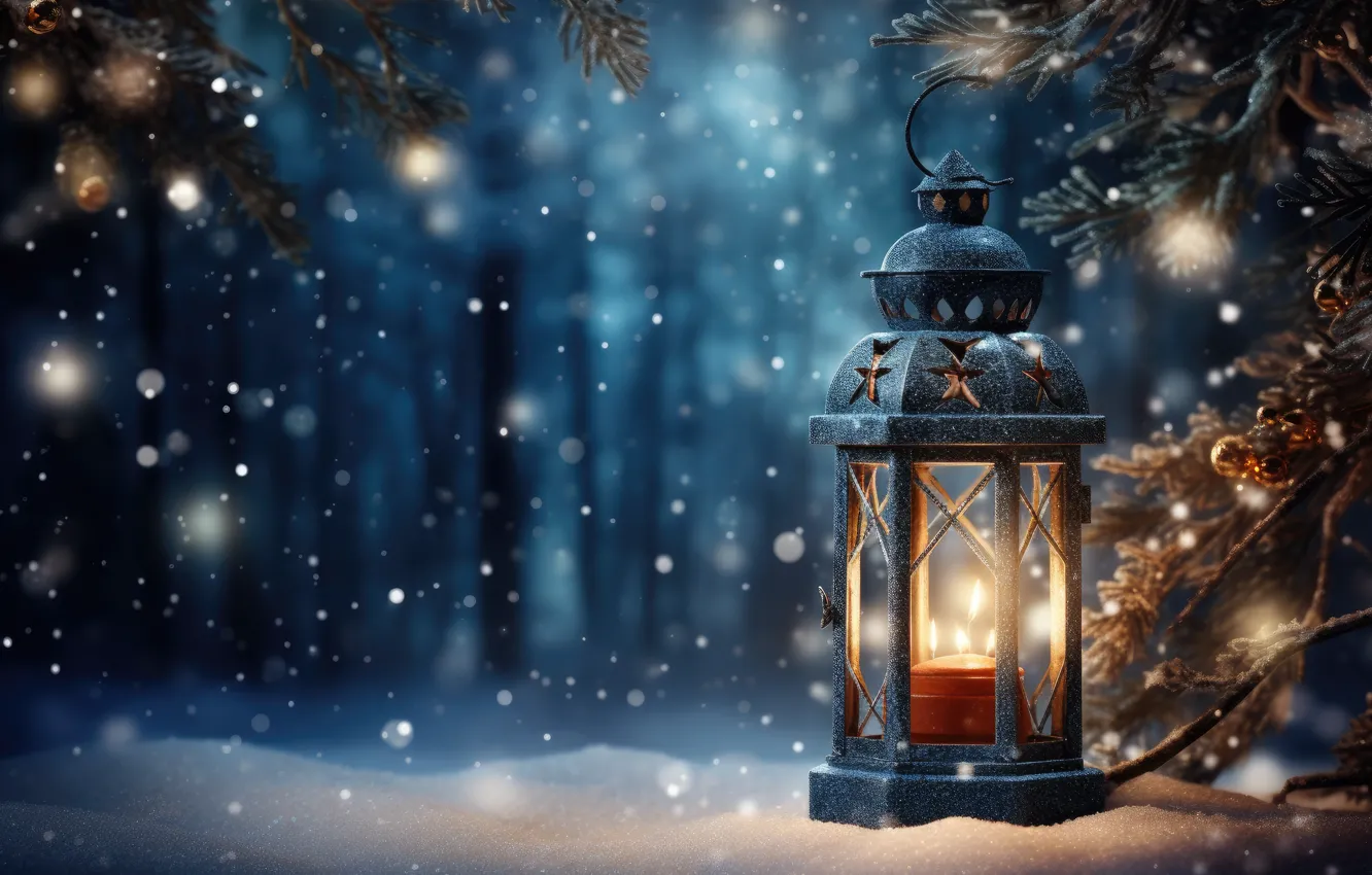Фото обои зима, снег, украшения, Новый Год, Рождество, фонарь, light, new year