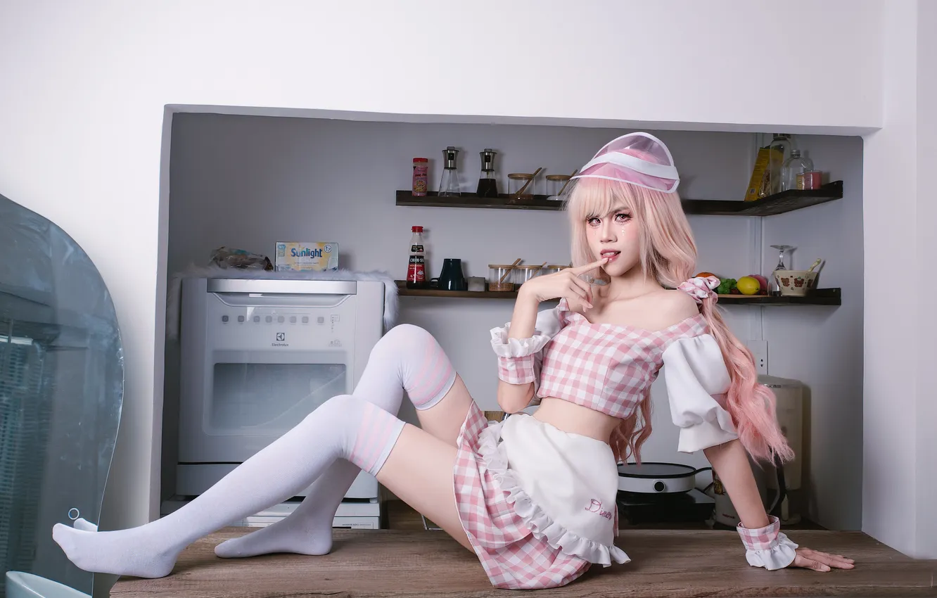 Фото обои девушка, юбка, чулки, блузка, ножки, азиатка