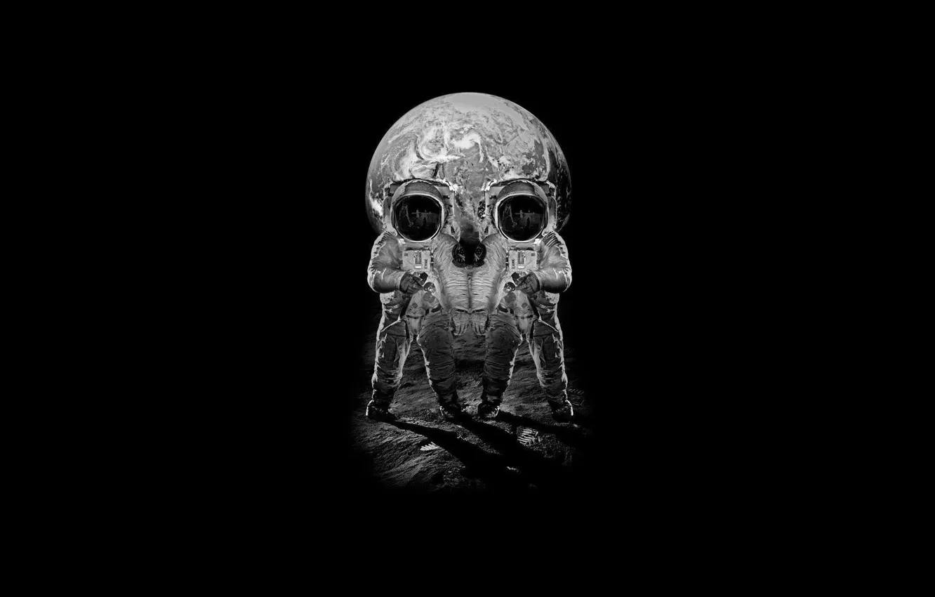 Фото обои земля, луна, череп, earth, космонавты, skull, moon, астронавты