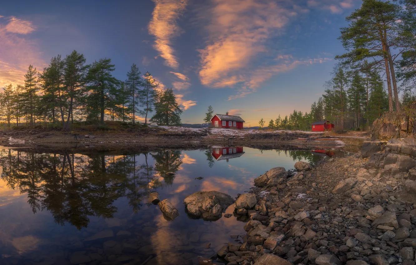 Фото обои деревья, закат, озеро, отражение, вечер, Норвегия, домики, Norway