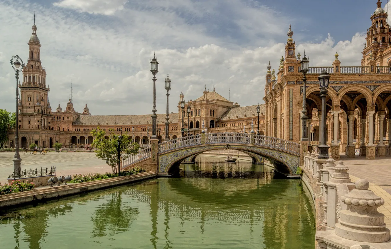 Фото обои мост, канал, Испания, дворец, Севилья, Площадь Испании
