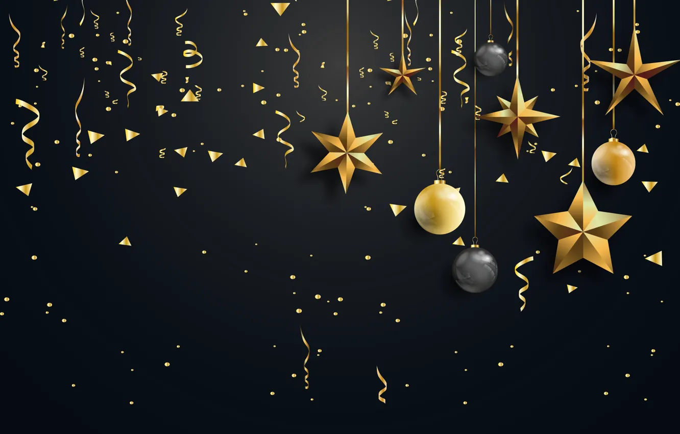 Фото обои украшения, шары, Рождество, Новый год, golden, christmas, черный фон, new year