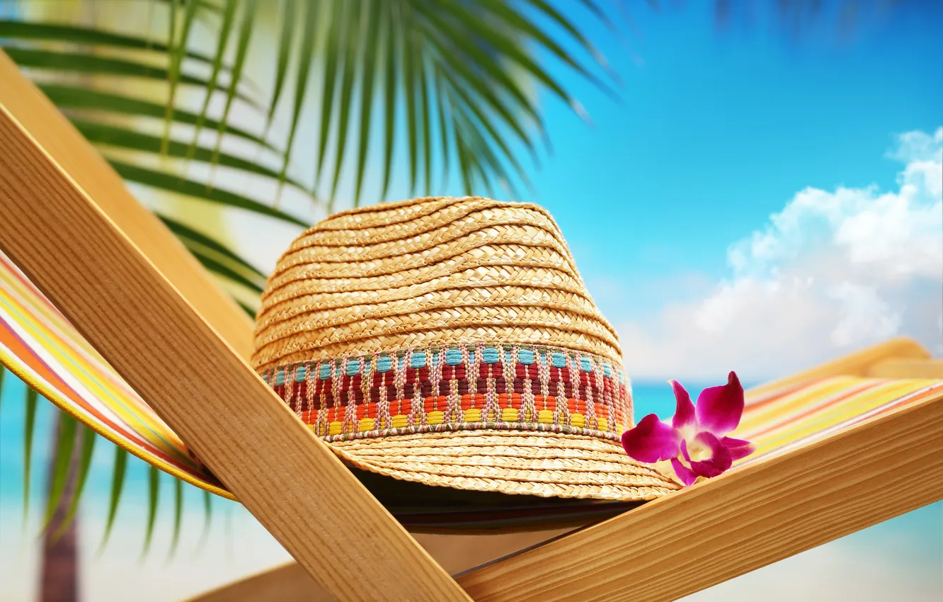 Фото обои пляж, цветок, шляпа, стул