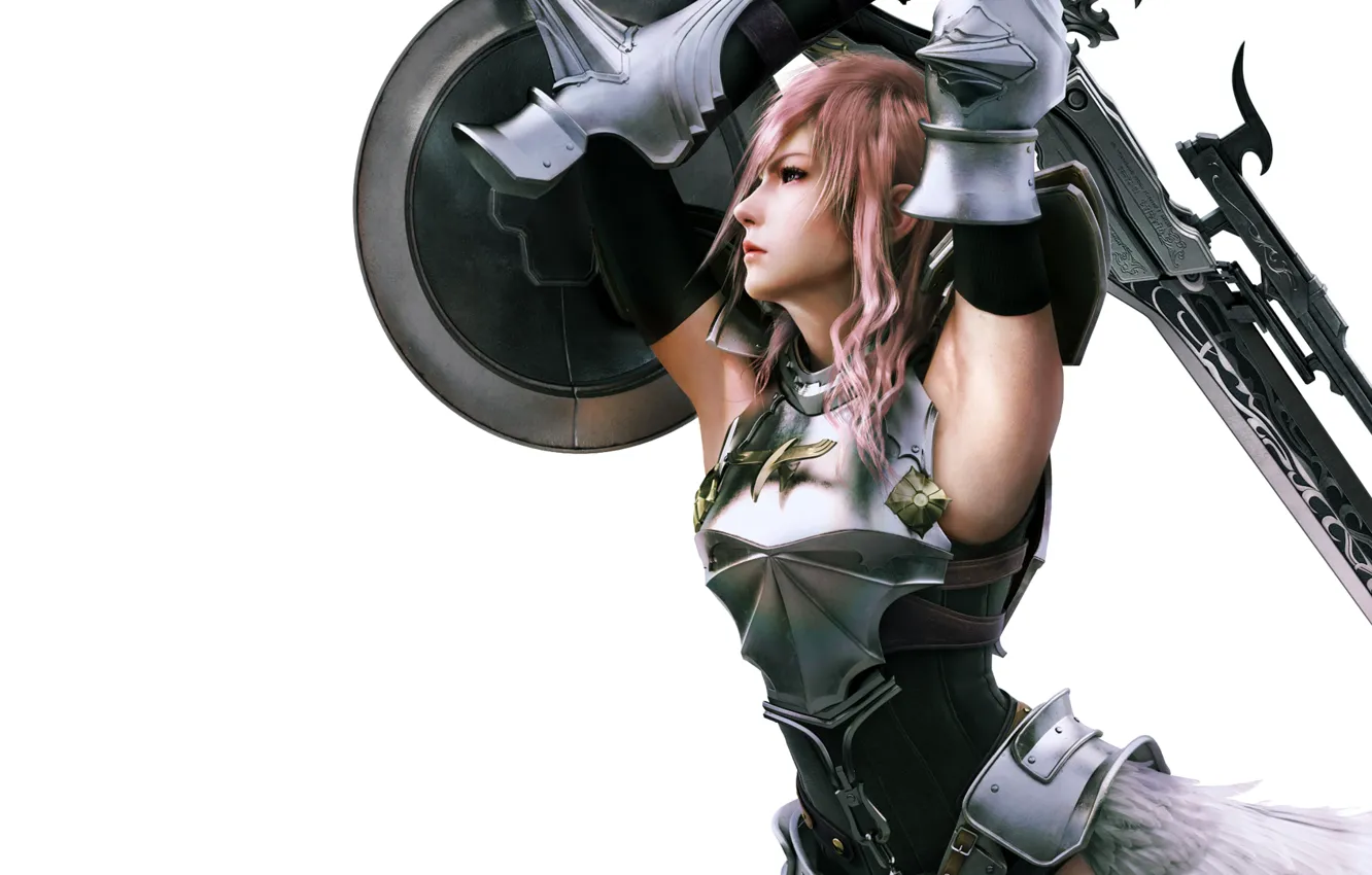 Фото обои девушка, меч, белый фон, щит, Final Fantasy, Lightning, XIII
