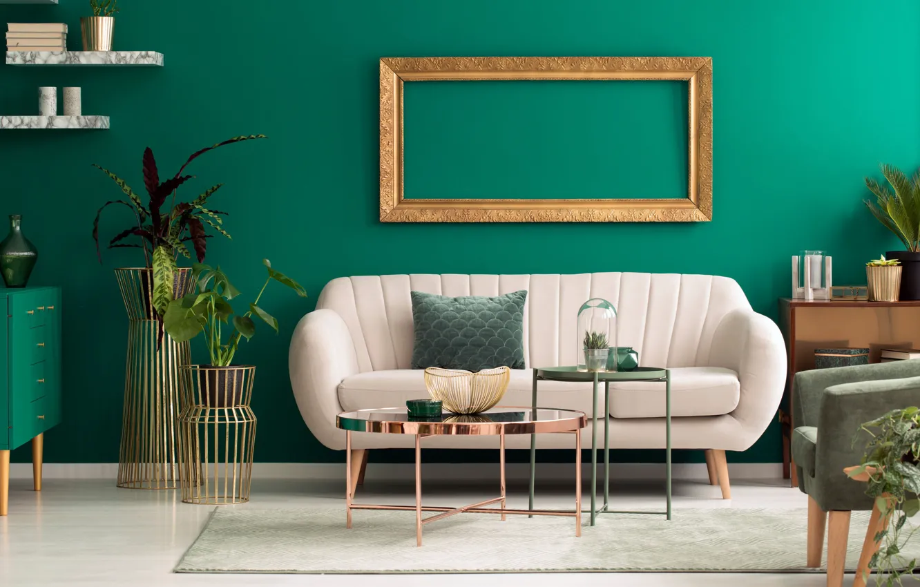 Фото обои дизайн, стиль, интерьер, софа, гостиная, green living room