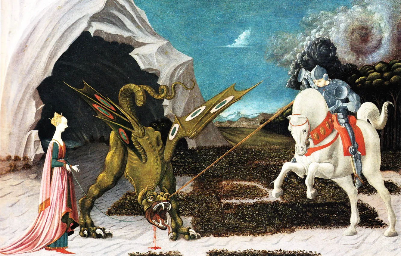 Фото обои сказка, картина, миф, Паоло Уччелло, Святой Георгий Принцесса и дракон, Paolo Uccello