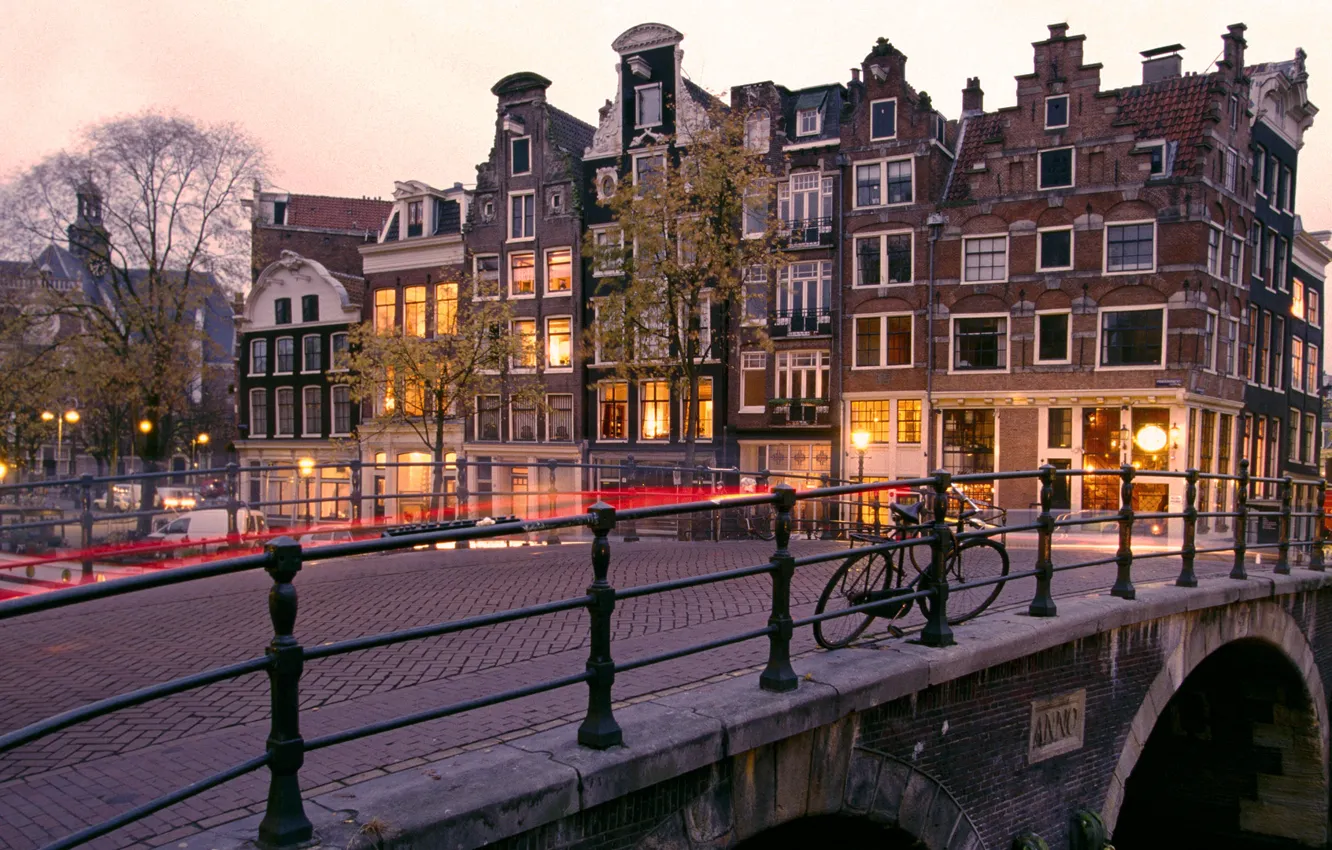 Фото обои Вечер, Мост, Амстердам, Велосипед, Нидерланды, Amsterdam, Голландия, Netherlands