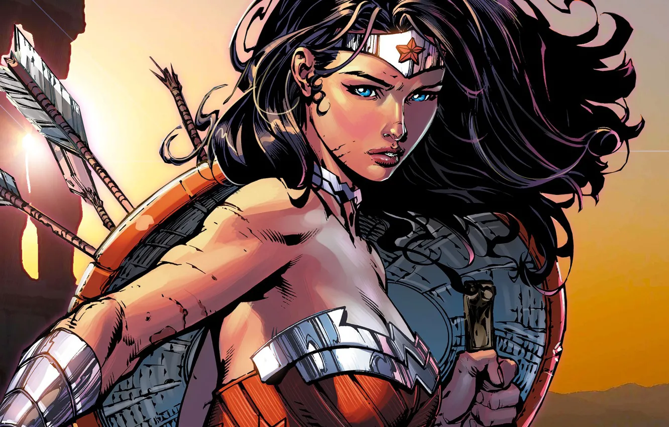 Фото обои Взгляд, Волосы, Герой, Комикс, Брюнетка, Wonder Woman, Супергерой, Hero