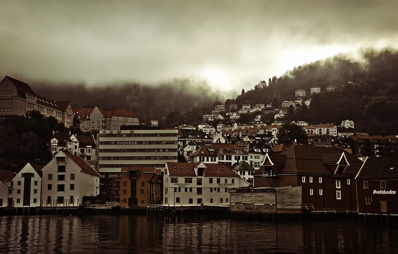 Фото обои город, рассвет, Норвегия, панорама