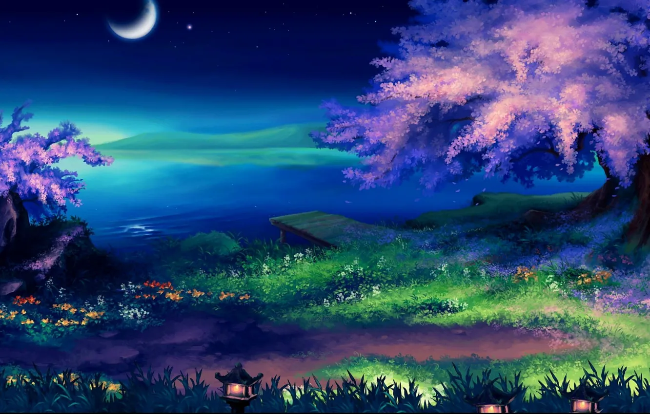 Фото обои трава, озеро, берег, месяц, Ночь, сакура, фонари, цветение