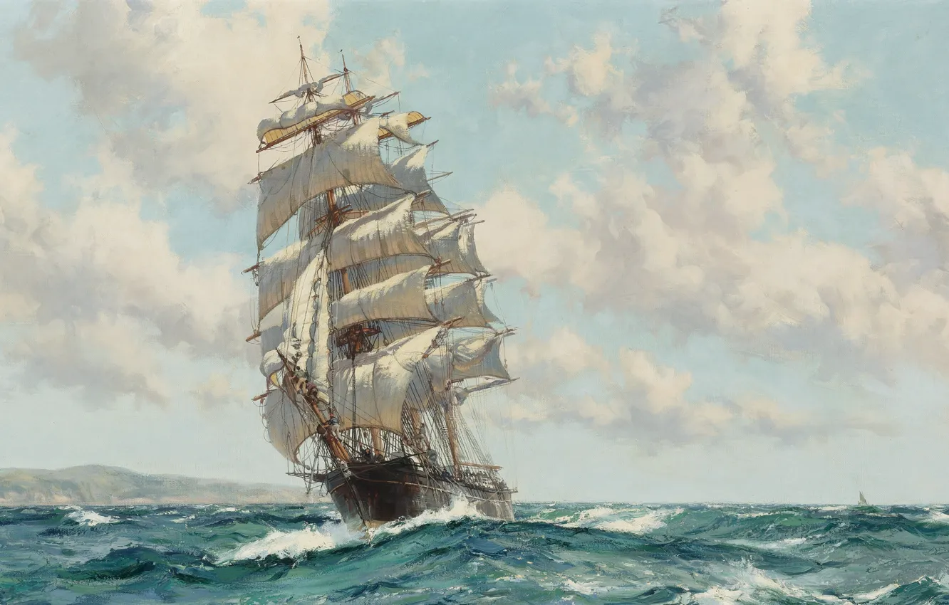 Фото обои море, волны, фрегат, живопись маслом, парусный корабль