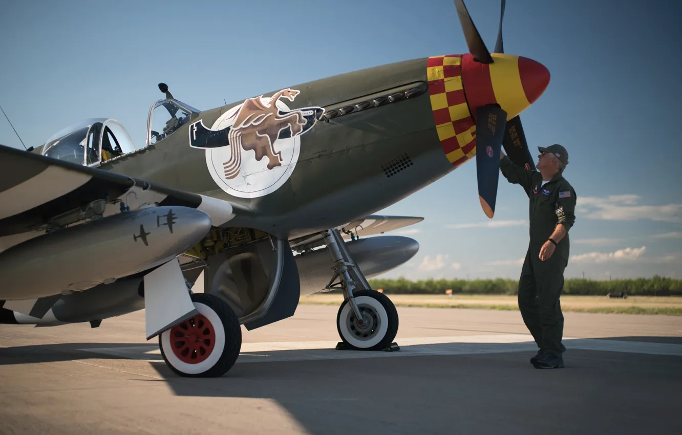 Фото обои Mustang, Винт, Истребитель, USAF, Пилот, Вторая Мировая Война, North American P-51 Mustang, Шасси