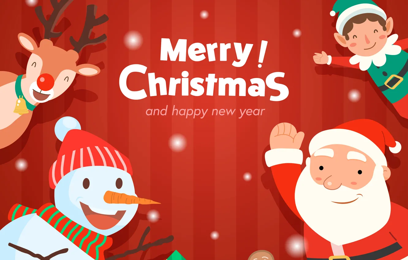 Фото обои Улыбка, Рождество, Олень, Новый год, Эльф, Санта Клаус, Merry Christmas, Снеговик