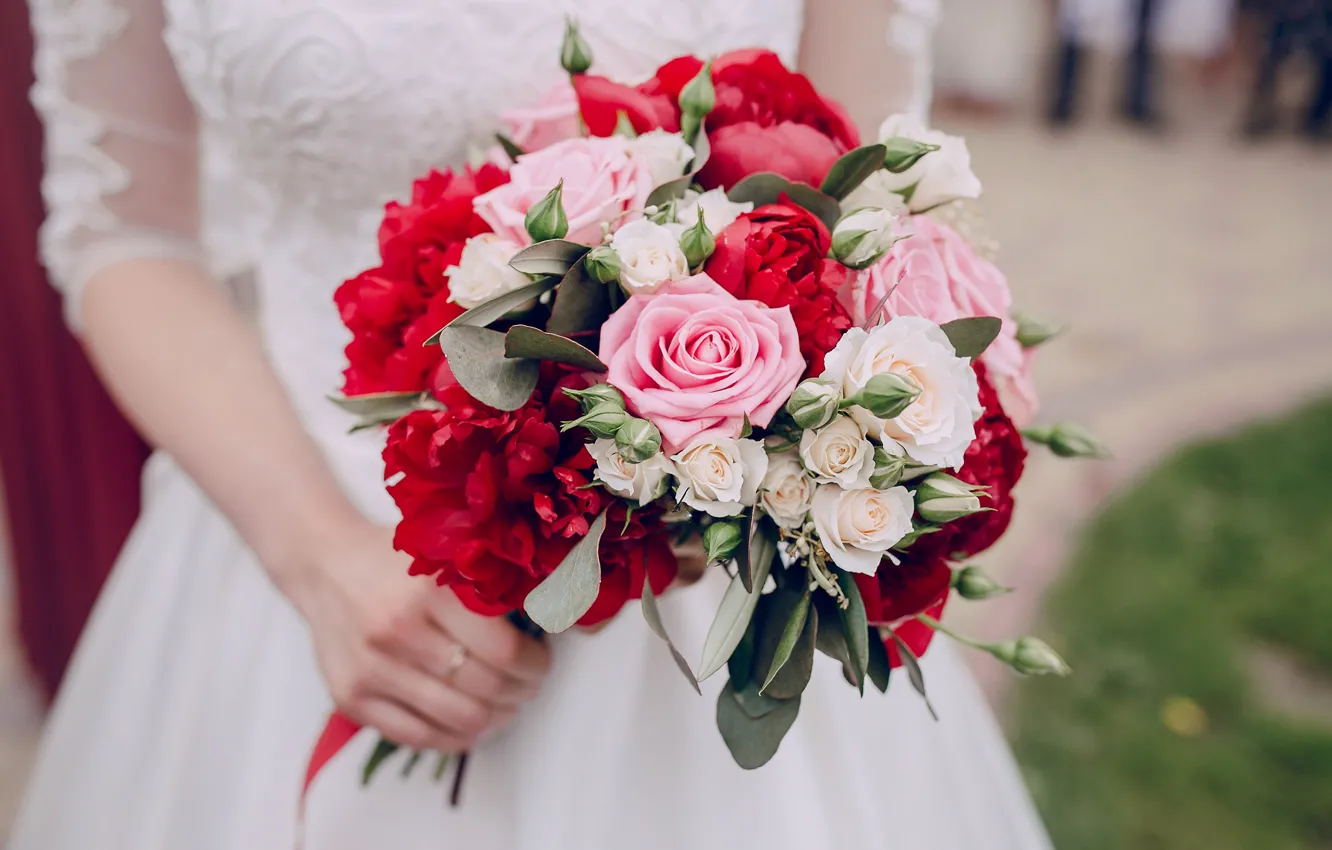 Фото обои розы, букет, невеста, свадьба, пионы, wedding